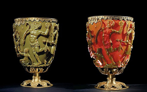 The Lycurgus Cup, lit from front and behind.